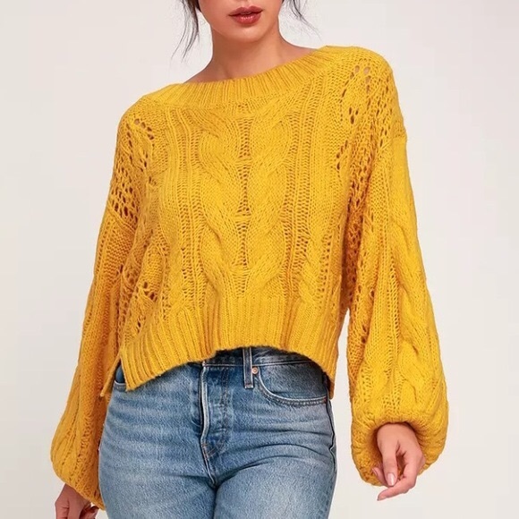 Mustard Seed Chunky Puff Sleeve Cropped Sweater